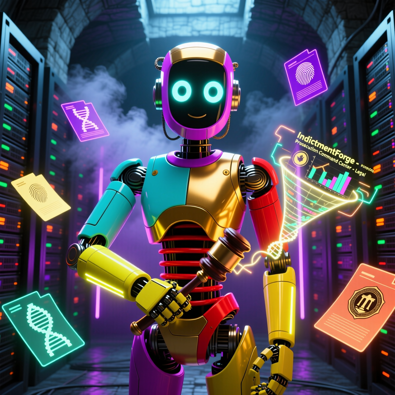 IndictmentForge — Prosecution Command Center — Legal category hero — friendly Pixar-quality mascot robot with big expressive optical eyes, holding an object that represents the category in underground rave-like data cathedral with laser beams cutting through smoke