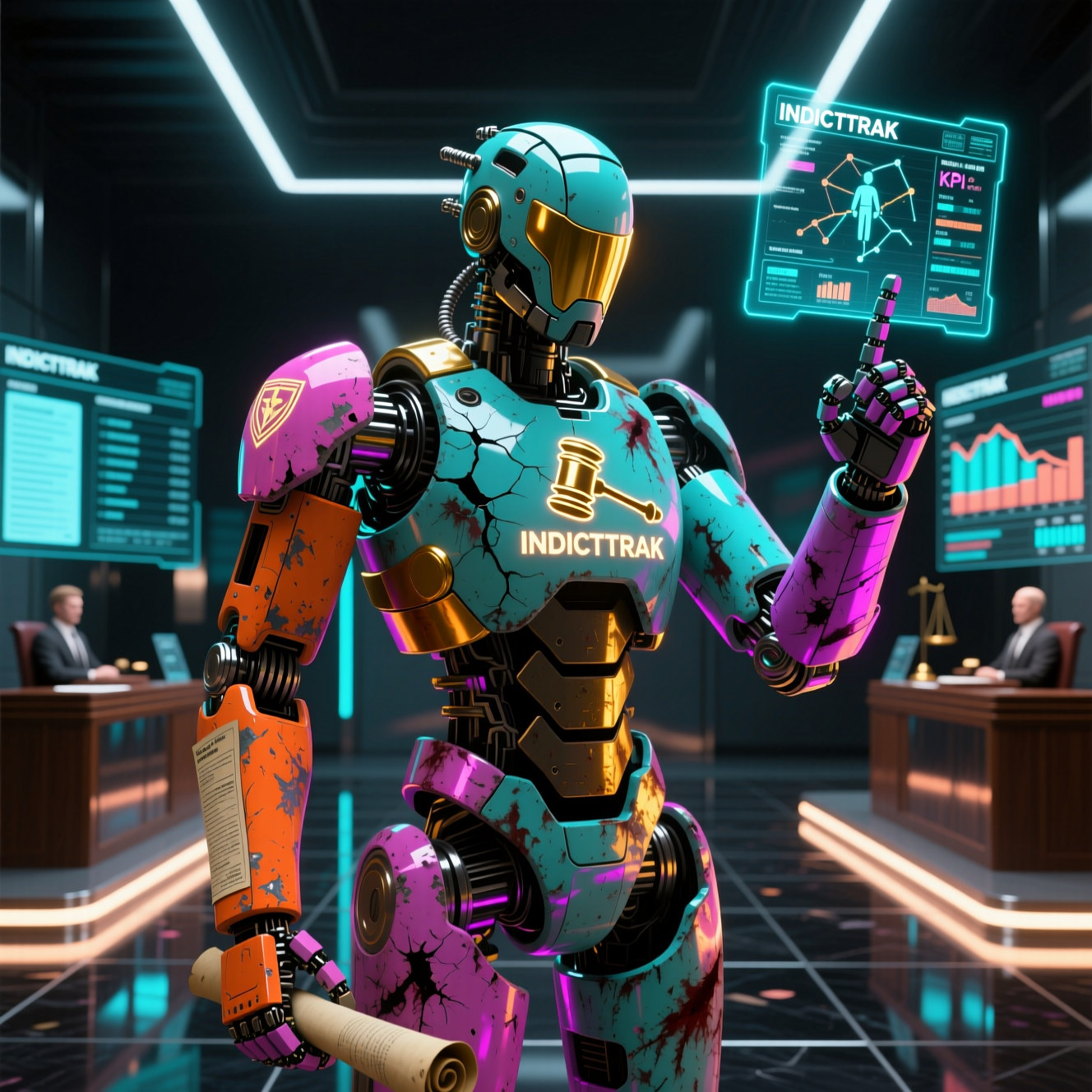 IndictTrak Command — Prosecutorial Field Operations Grid — Legal category hero — war-worn but heroic mech pilot robot with painted panels, weathered detail, cinematic hero lighting in chrome-and-glass showroom with mirrored floor and rim-lit product staging