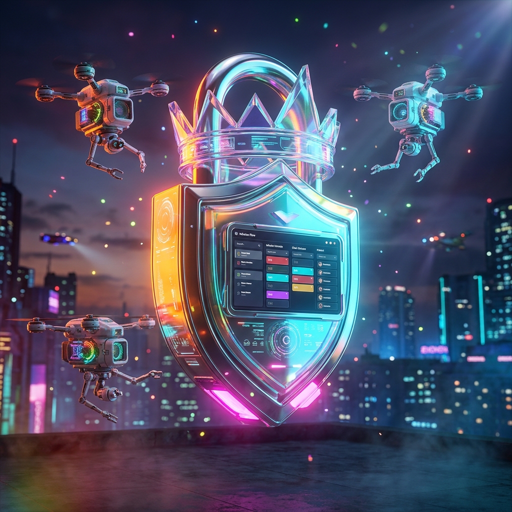 Infusion Flow — Oncology Infusion Schedule Board — Health category hero — glowing digital shield / padlock / crown / crystal object at the frame center, protected by hovering tech drones in rooftop overlooking a neon megacity skyline at dusk, drones flying in the distance
