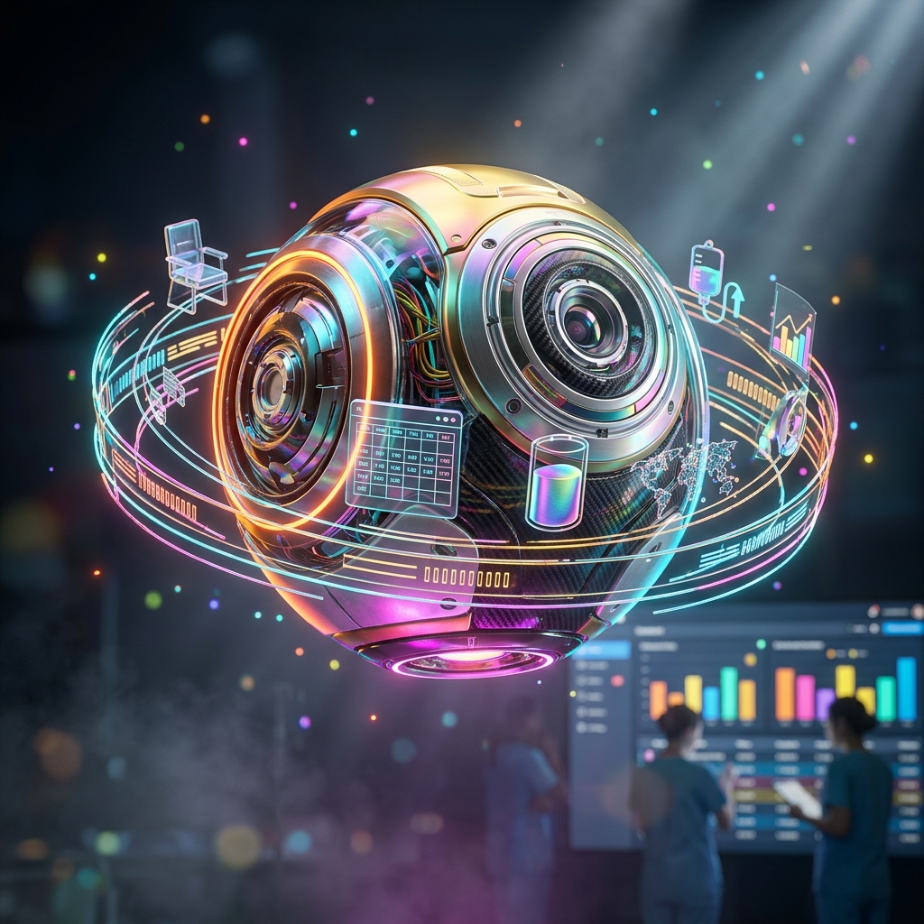 Infusion Schedule Board | InfuLogic Command — Business Management category hero — floating spherical AI orb with concentric glowing rings and orbiting holographic icons around it in dark cinematic stage with dramatic spotlights streaming down and a hazy atmospheric fog