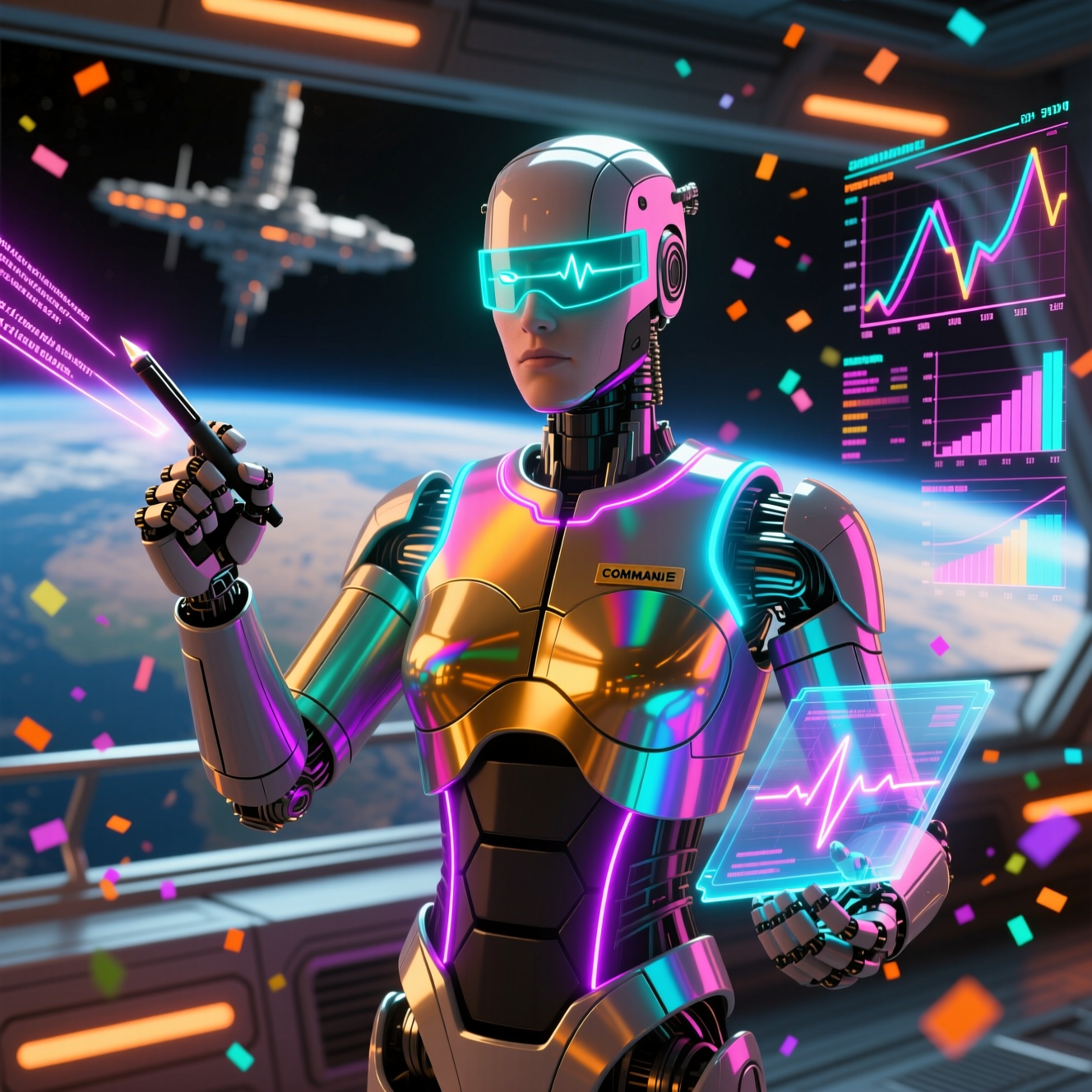 InkOps Command — Professional Writing Mission Control — Writing category hero — hyper-detailed humanoid robot with glossy plating and glowing visor eyes, striking a confident hero pose in the center of the frame in orbital space station observation deck with a planet glowing outside the panoramic window