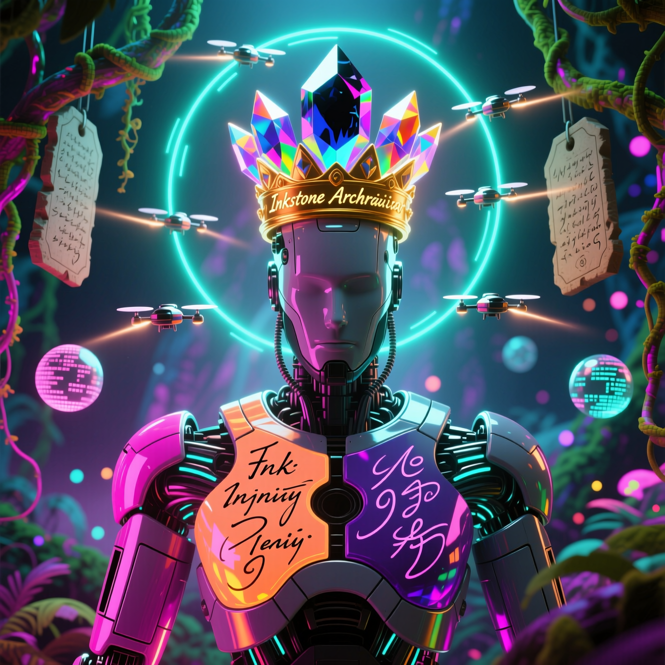 Inkstone — Writing Studio Production Suite — Writing category hero — glowing digital shield / padlock / crown / crystal object at the frame center, protected by hovering tech drones in alien jungle biome with glowing flora and floating tech artifacts