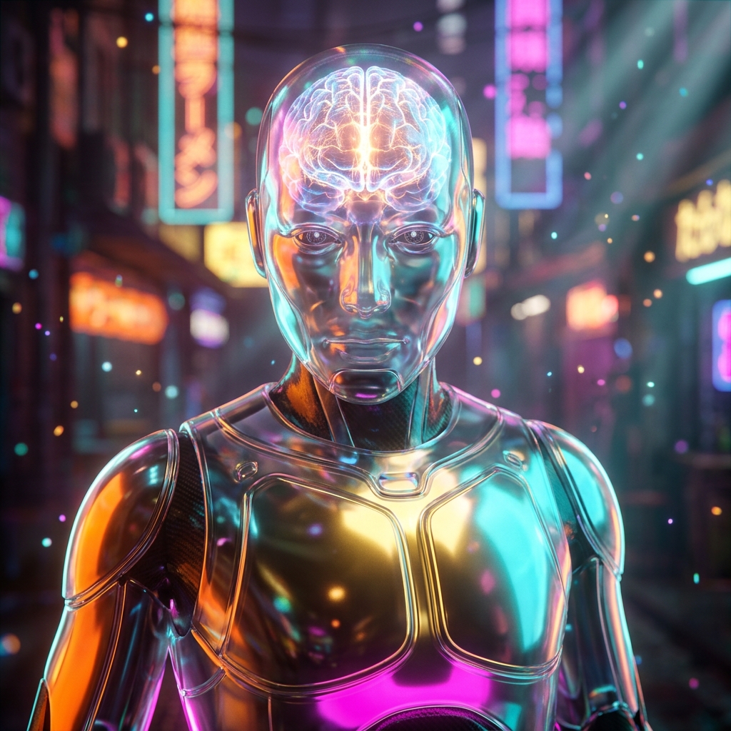InsightAudit - Compliance Intelligence Ledger — 3D Modeling category hero — translucent glass humanoid figure with a glowing neural-network brain visible inside its head in Blade-Runner-style noodle-shop alley with dense neon signage in the background