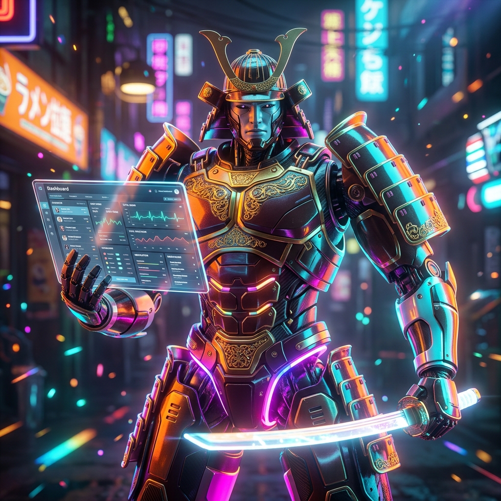 InternalMed Roundboard | Clinical Operations Deck — Medical Records category hero — majestic samurai-styled mech in lacquered armor with neon under-glow, katana of light in hand in Blade-Runner-style noodle-shop alley with dense neon signage in the background