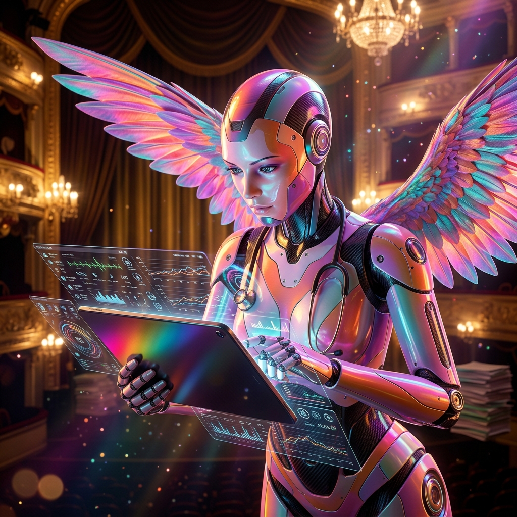 InternalMed Roundboard — Clinical Rounds Console — Medical Records category hero — courier-style android with iridescent wings unfurled, mid-flight silhouette against the environment in golden-lit theater interior with heavy velvet curtains and cinematic chandeliers