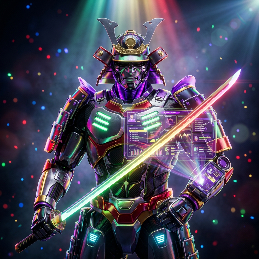 Internist RoundBoard | Clinical Rounds Orchestrator — Medical Records category hero — majestic samurai-styled mech in lacquered armor with neon under-glow, katana of light in hand in dark cinematic stage with dramatic spotlights streaming down and a hazy atmospheric fog