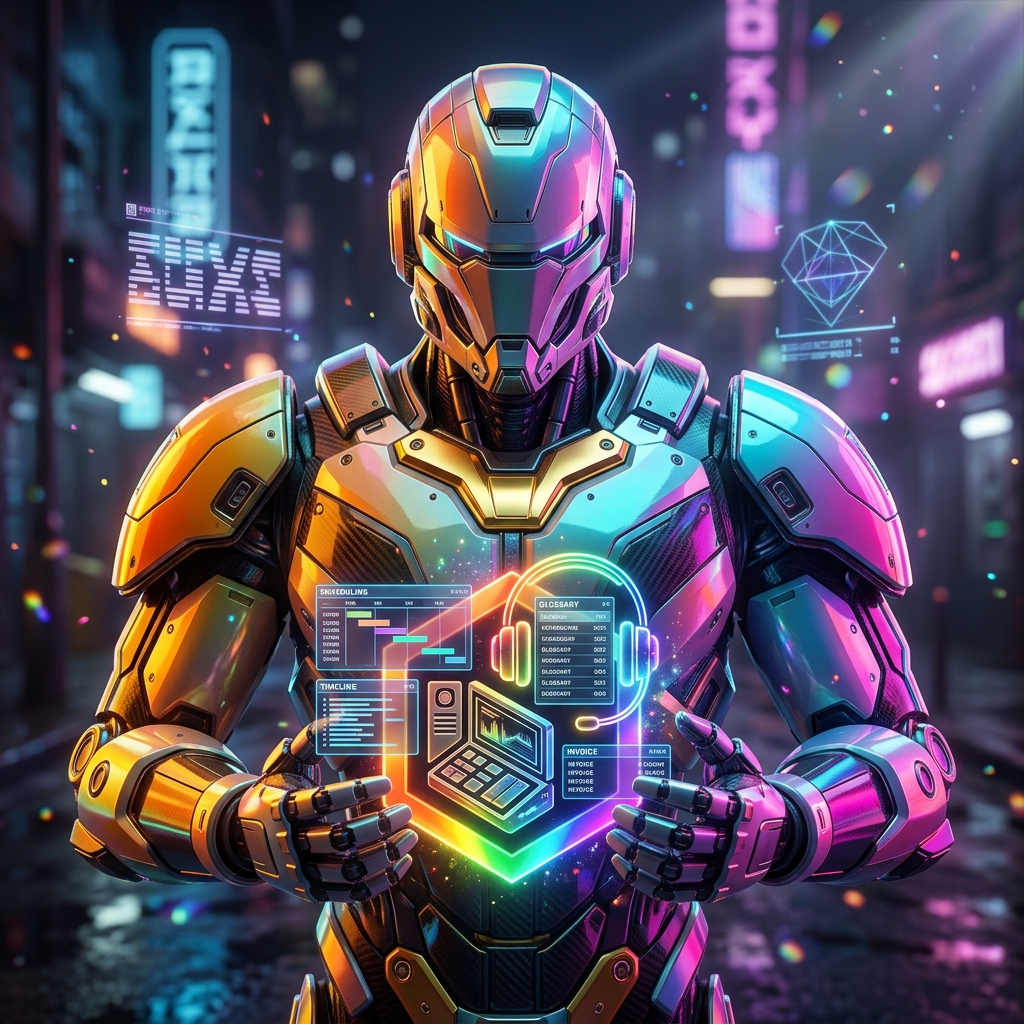 Interplex Console | Interpreter Mission Control — ERP category hero — heavily armored guardian robot holding a symbolic emblem of the category with both hands in neon-lit cyberpunk street at night, wet pavement reflections, hovering holograms in the background