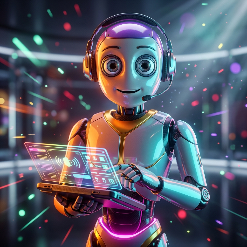 InterpretDesk Pro – Simultaneous Interpreter Booth Console — Art category hero — friendly Pixar-quality mascot robot with big expressive optical eyes, holding an object that represents the category in chrome-and-glass showroom with mirrored floor and rim-lit product staging