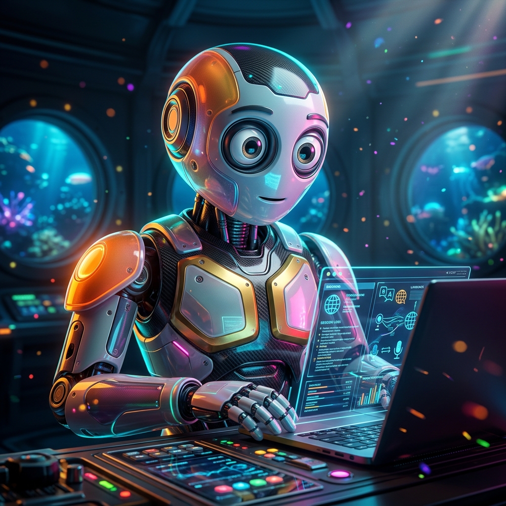 InterpreterDesk | LinguaSession Console — ERP category hero — friendly Pixar-quality mascot robot with big expressive optical eyes, holding an object that represents the category in deep-sea research bay with bulkhead windows onto a bioluminescent ocean