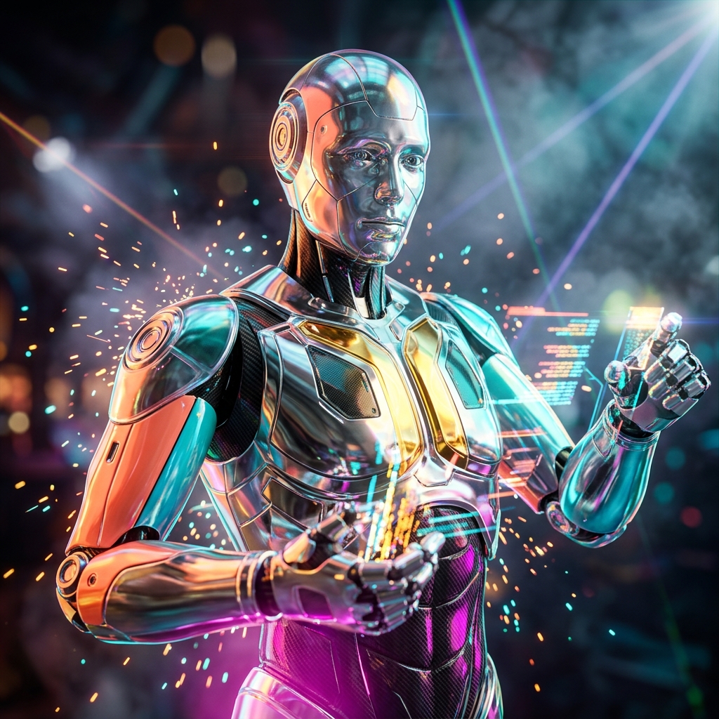 InterpreterOS | LinguaSession Desk — ERP category hero — chrome-plated bipedal android caught mid-motion, sparks and light particles trailing around it in underground rave-like data cathedral with laser beams cutting through smoke