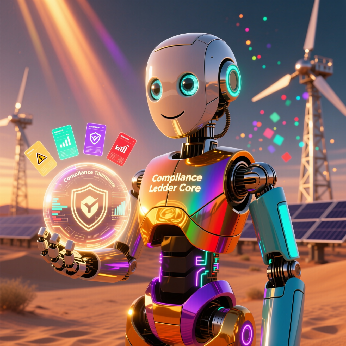 ISOVault — Compliance Intelligence Ledger — Analytics category hero — friendly Pixar-quality mascot robot with big expressive optical eyes, holding an object that represents the category in desert solar farm at magic hour with reflective sand and towering chrome pylons