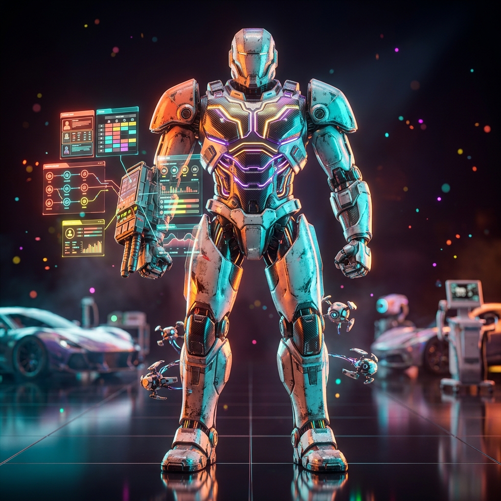 Journeyboard · Clinical Case Command — Automation category hero — war-worn but heroic mech pilot robot with painted panels, weathered detail, cinematic hero lighting in chrome-and-glass showroom with mirrored floor and rim-lit product staging