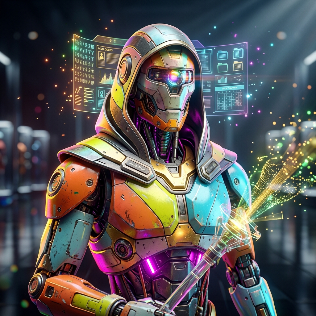 Juris Atlas | Legal Matter Command — Legal category hero — sci-fi wizard robot with a floating spellbook of holographic glyphs and light particles in chrome-and-glass showroom with mirrored floor and rim-lit product staging