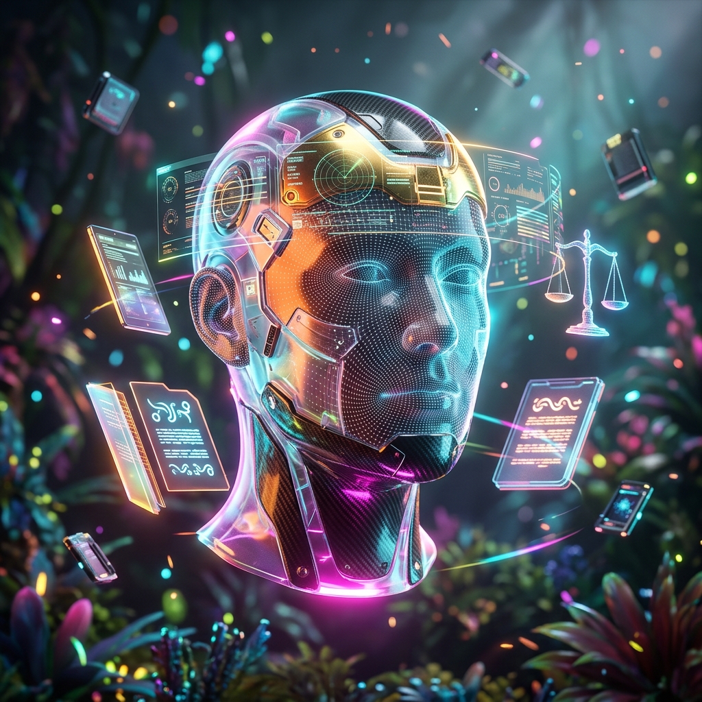 JurisDock — Legal Practice Mission Cockpit — Legal category hero — wireframe holographic human head made of glowing data points, floating in the frame center in alien jungle biome with glowing flora and floating tech artifacts