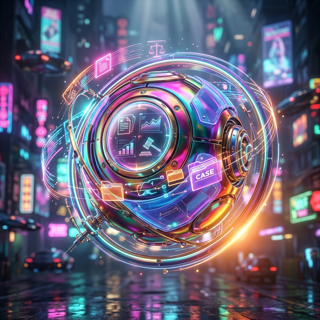 JurisFlow Board — Legal Practice Operations — Legal category hero — floating spherical AI orb with concentric glowing rings and orbiting holographic icons around it in neon-lit cyberpunk street at night, wet pavement reflections, hovering holograms in the background