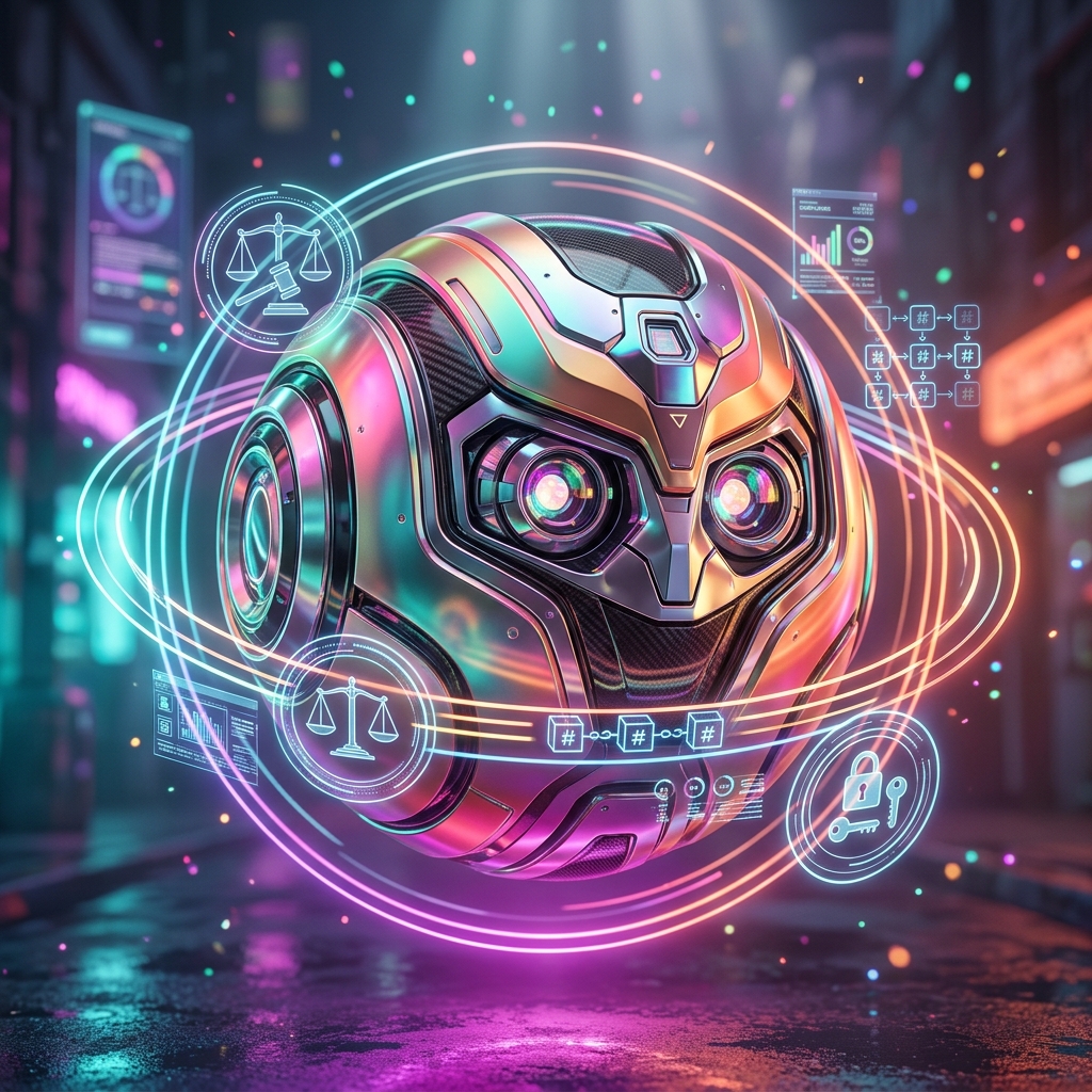 JurisLedger — Matter Compliance & Evidence Ledger — Legal category hero — floating spherical AI orb with concentric glowing rings and orbiting holographic icons around it in neon-lit cyberpunk street at night, wet pavement reflections, hovering holograms in the background