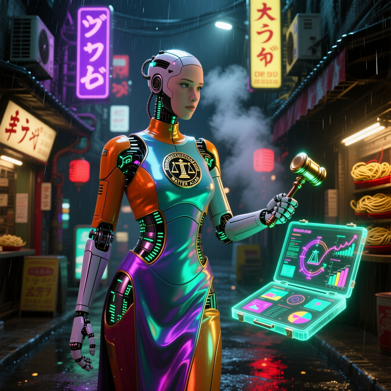 Justicore Suite — Prosecutorial Matter Atlas — Legal category hero — elegant fashion-forward android in flowing reflective couture fabric, editorial pose in Blade-Runner-style noodle-shop alley with dense neon signage in the background