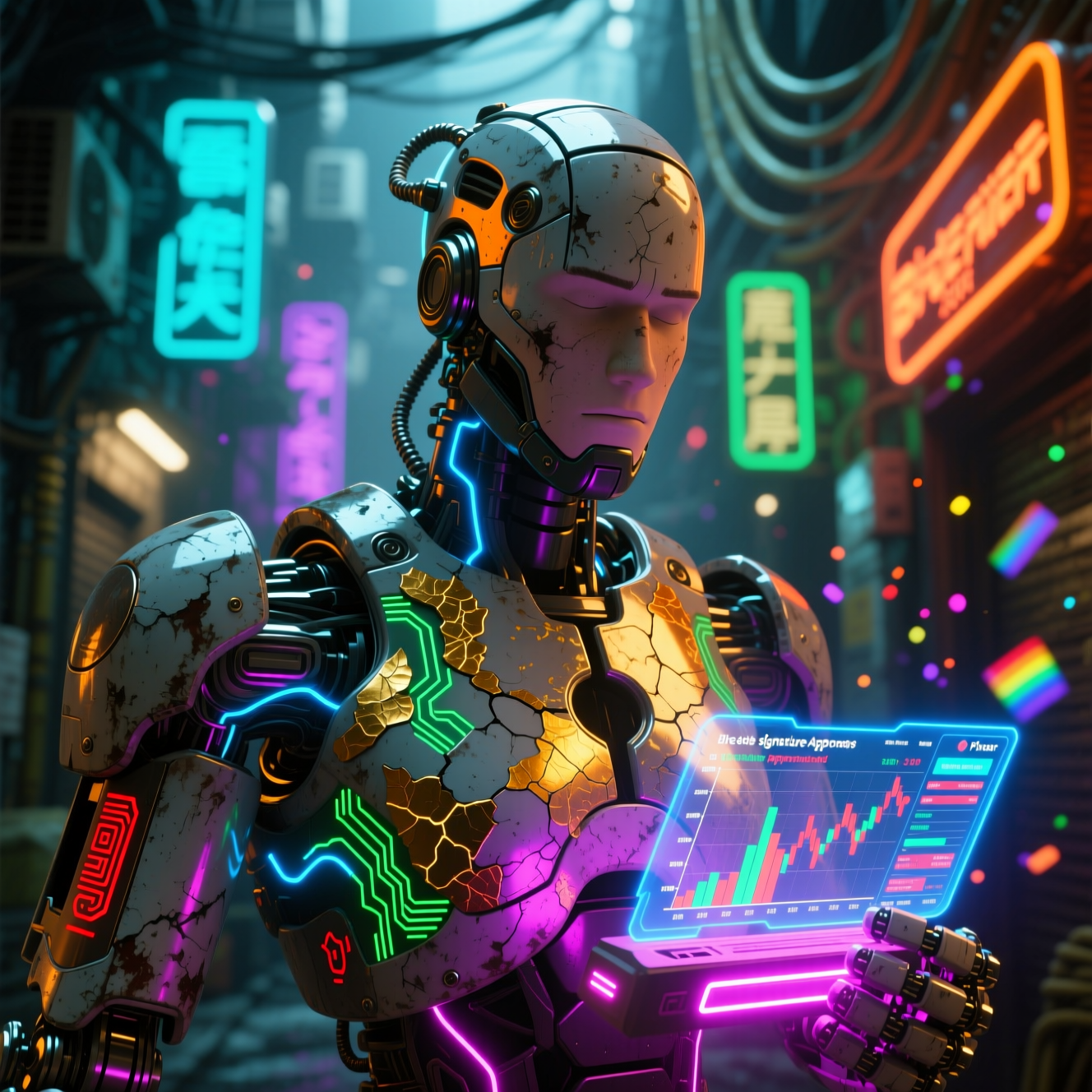 KairoVest — Crypto Strategy Terminal — Crypto News category hero — war-worn but heroic mech pilot robot with painted panels, weathered detail, cinematic hero lighting in Blade-Runner-style noodle-shop alley with dense neon signage in the background