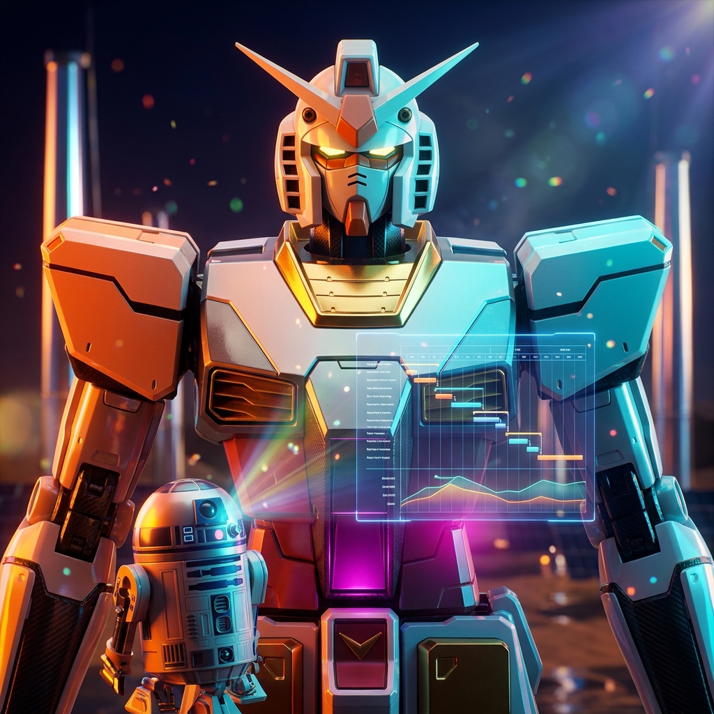 KeelKeeper — DryDock & Repair Planner — Project Management category hero — duo of contrasting robots — one large hero mech and a small companion droid — composed cinematically in desert solar farm at magic hour with reflective sand and towering chrome pylons