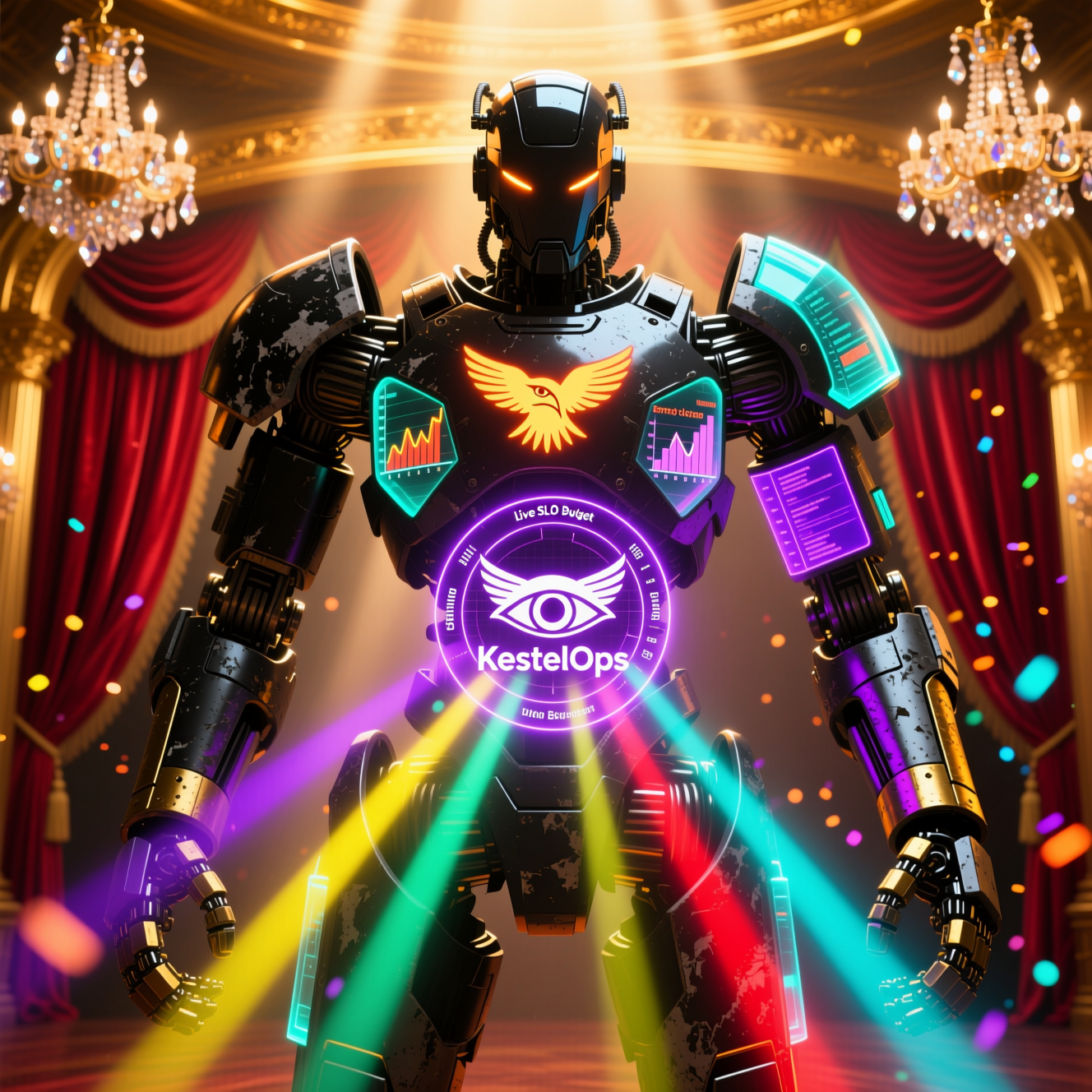 KestrelOps — Engineering Reliability Console — DevOps category hero — heavily armored guardian robot holding a symbolic emblem of the category with both hands in golden-lit theater interior with heavy velvet curtains and cinematic chandeliers