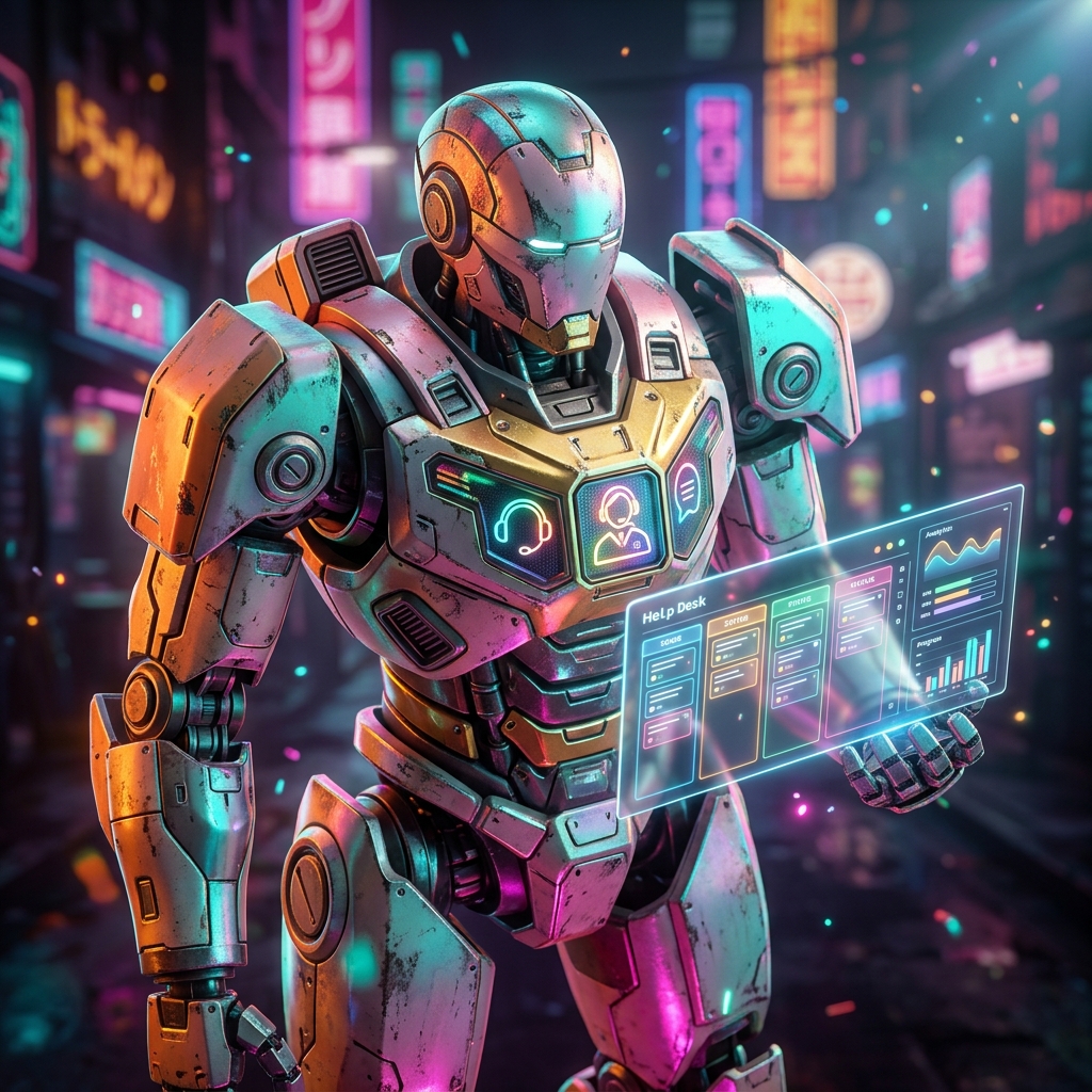 KeystoneDesk — Customer Support & Help Desk Suite — CRM category hero — war-worn but heroic mech pilot robot with painted panels, weathered detail, cinematic hero lighting in Blade-Runner-style noodle-shop alley with dense neon signage in the background