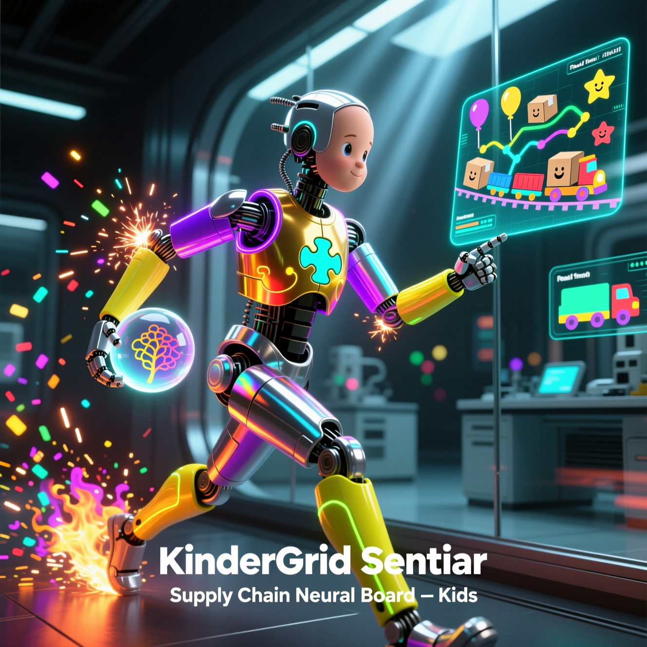 KinderGrid Supply Command — Supply Chain Neural Board — Kids category hero — chrome-plated bipedal android caught mid-motion, sparks and light particles trailing around it in sleek high-tech laboratory with glass walls, floating data panels and particle light