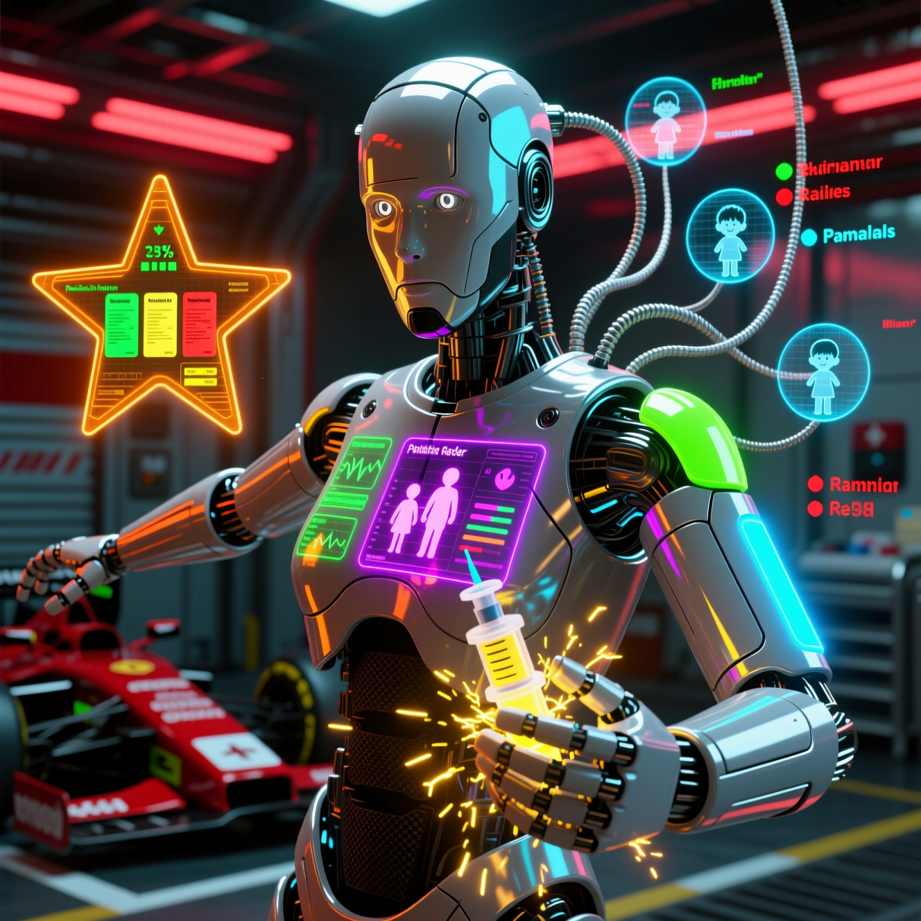 KinderOps Command Center — Pediatric Family Care Mission Control — Family category hero — chrome-plated bipedal android caught mid-motion, sparks and light particles trailing around it in Formula-1 style pit garage with saturated color lighting and mechanical detail