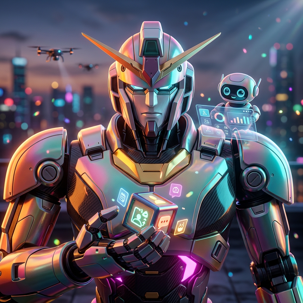 KinderOps Command | Childcare & Daycare Management — Business Management category hero — duo of contrasting robots — one large hero mech and a small companion droid — composed cinematically in rooftop overlooking a neon megacity skyline at dusk, drones flying in the distance