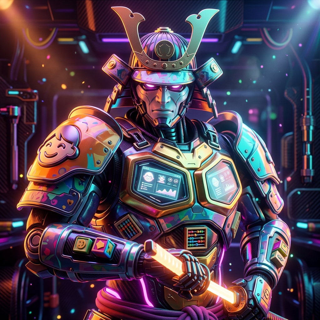 KinderOps Mission Control | Childcare & Daycare Command Cockpit — Business Management category hero — majestic samurai-styled mech in lacquered armor with neon under-glow, katana of light in hand in Formula-1 style pit garage with saturated color lighting and mechanical detail