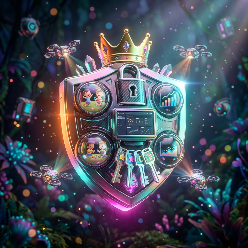 KinderOps Mission Control | Early Years Operations Cockpit — Business Management category hero — glowing digital shield / padlock / crown / crystal object at the frame center, protected by hovering tech drones in alien jungle biome with glowing flora and floating tech artifacts