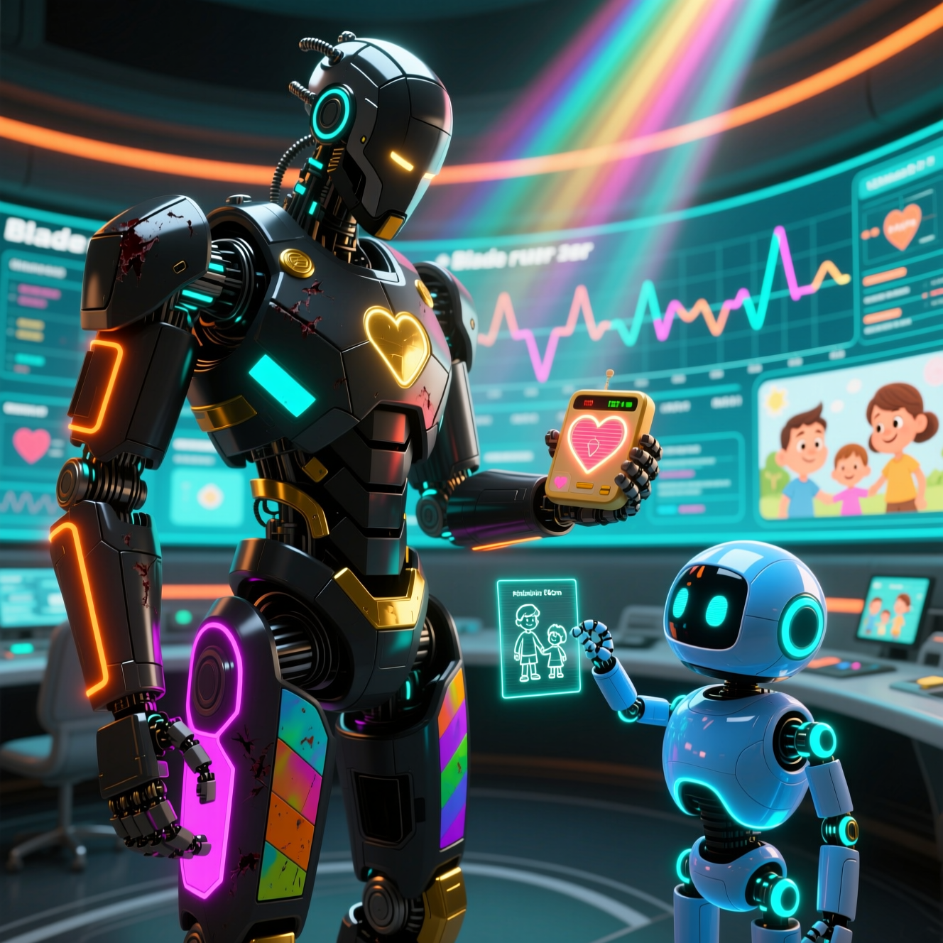 KinderPulse — Pediatric Family Care Command Center — Family category hero — duo of contrasting robots — one large hero mech and a small companion droid — composed cinematically in futuristic control room with massive glowing holographic screens and volumetric light rays