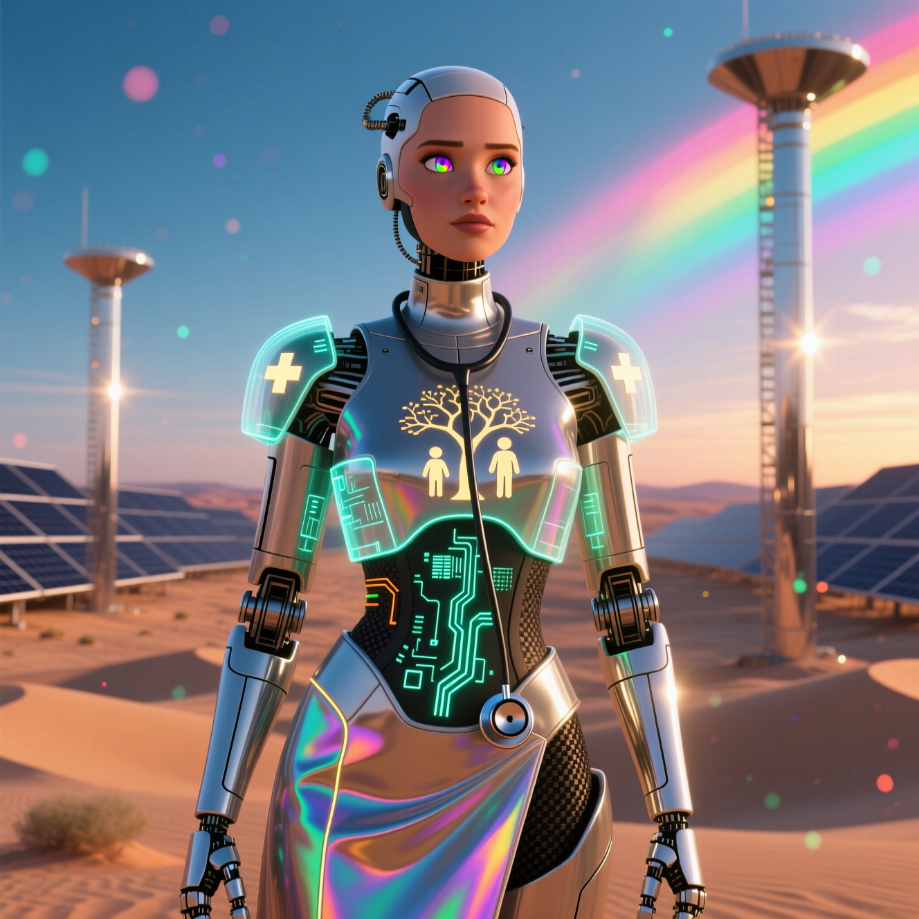 KinderTriage — Pediatric Clinical Command Center — Family category hero — elegant fashion-forward android in flowing reflective couture fabric, editorial pose in desert solar farm at magic hour with reflective sand and towering chrome pylons