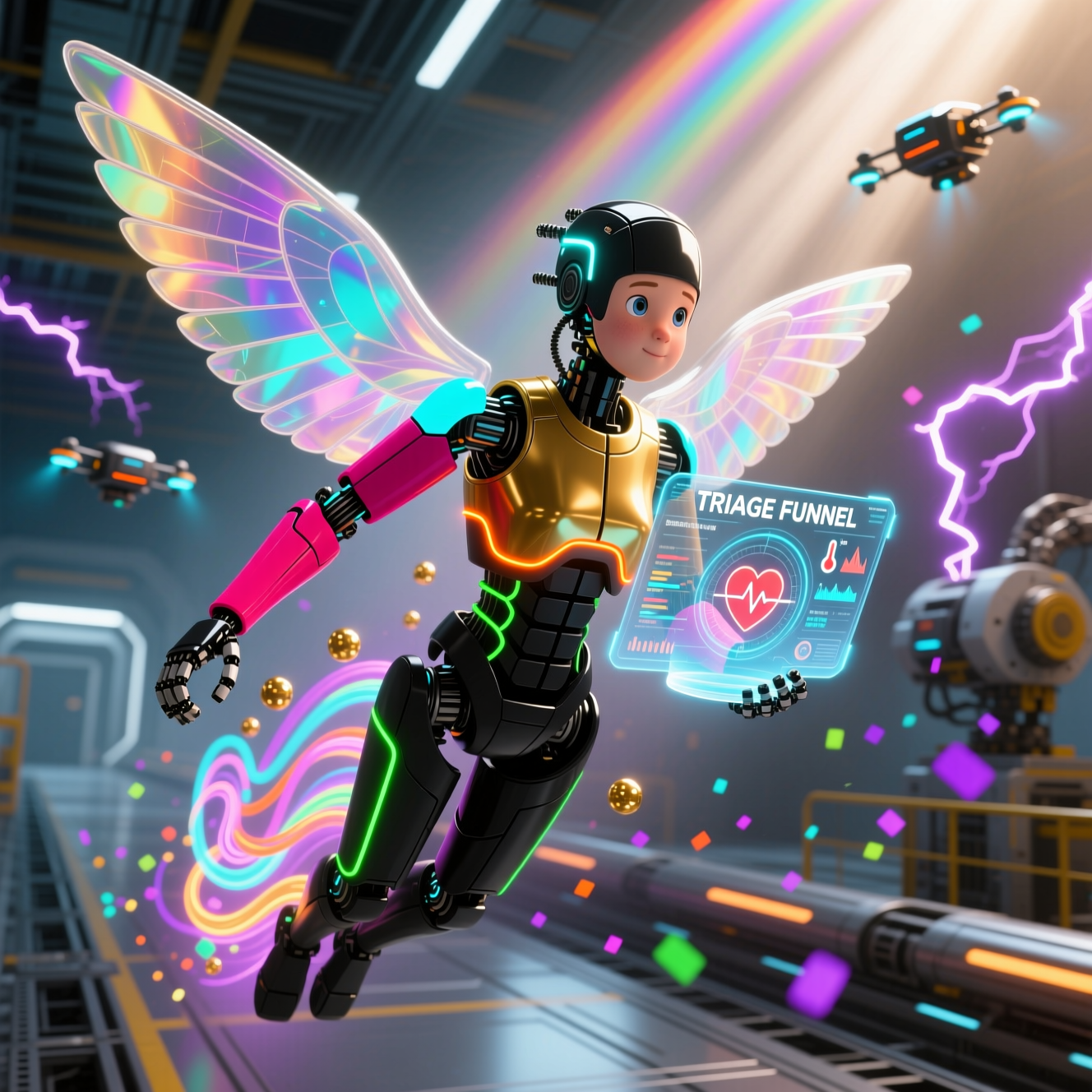KindraCommand — Pediatric Clinical Command Center — Kids category hero — courier-style android with iridescent wings unfurled, mid-flight silhouette against the environment in magnetic-levitation factory floor with sparking arcs of electricity and machinery