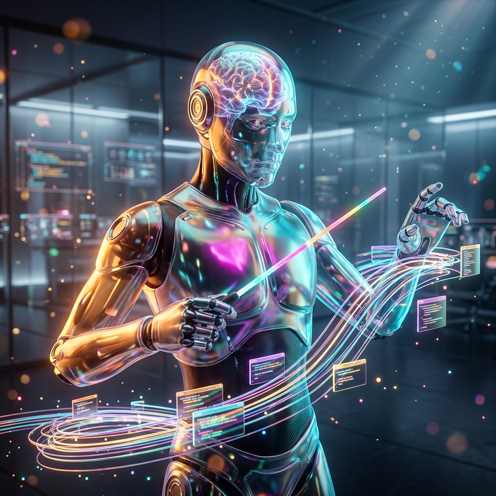 Kinetiq Studio Ops — CI/CD Production Control Plane — CI/CD category hero — translucent glass humanoid figure with a glowing neural-network brain visible inside its head in sleek high-tech laboratory with glass walls, floating data panels and particle light