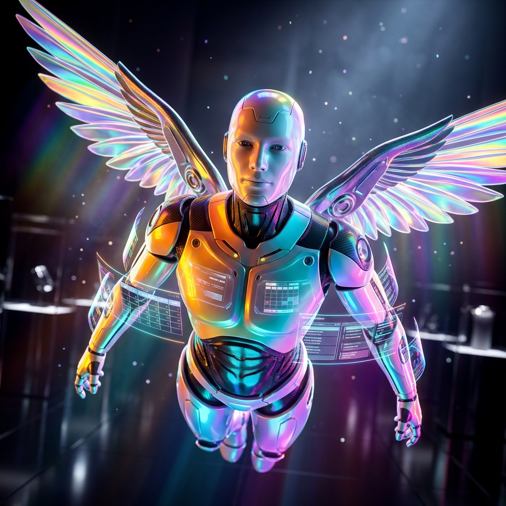 KinshipOS — Elder Care & Home Care Command Center — Senior Care category hero — courier-style android with iridescent wings unfurled, mid-flight silhouette against the environment in chrome-and-glass showroom with mirrored floor and rim-lit product staging