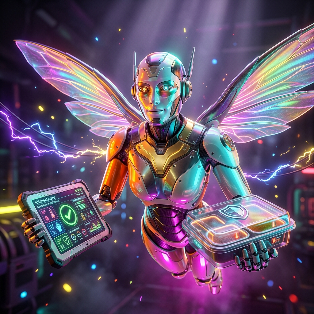 KitchenGuard — Compliance & Food Safety Ledger — Delivery category hero — courier-style android with iridescent wings unfurled, mid-flight silhouette against the environment in magnetic-levitation factory floor with sparking arcs of electricity and machinery
