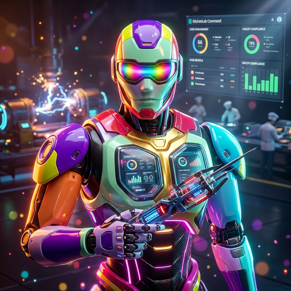 KitchenLab Command — Clinical Case Command for Culinary Teams — Food & Cooking category hero — hyper-detailed humanoid robot with glossy plating and glowing visor eyes, striking a confident hero pose in the center of the frame in magnetic-levitation factory floor with sparking arcs of electricity and machinery
