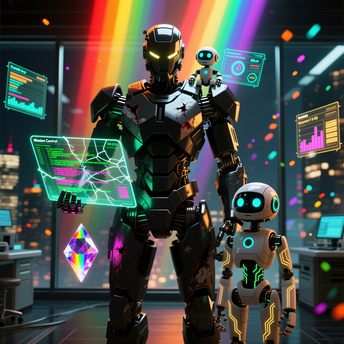 Kodachi — Code Editor Mission Control — Code Editors category hero — duo of contrasting robots — one large hero mech and a small companion droid — composed cinematically in sleek high-tech laboratory with glass walls, floating data panels and particle light