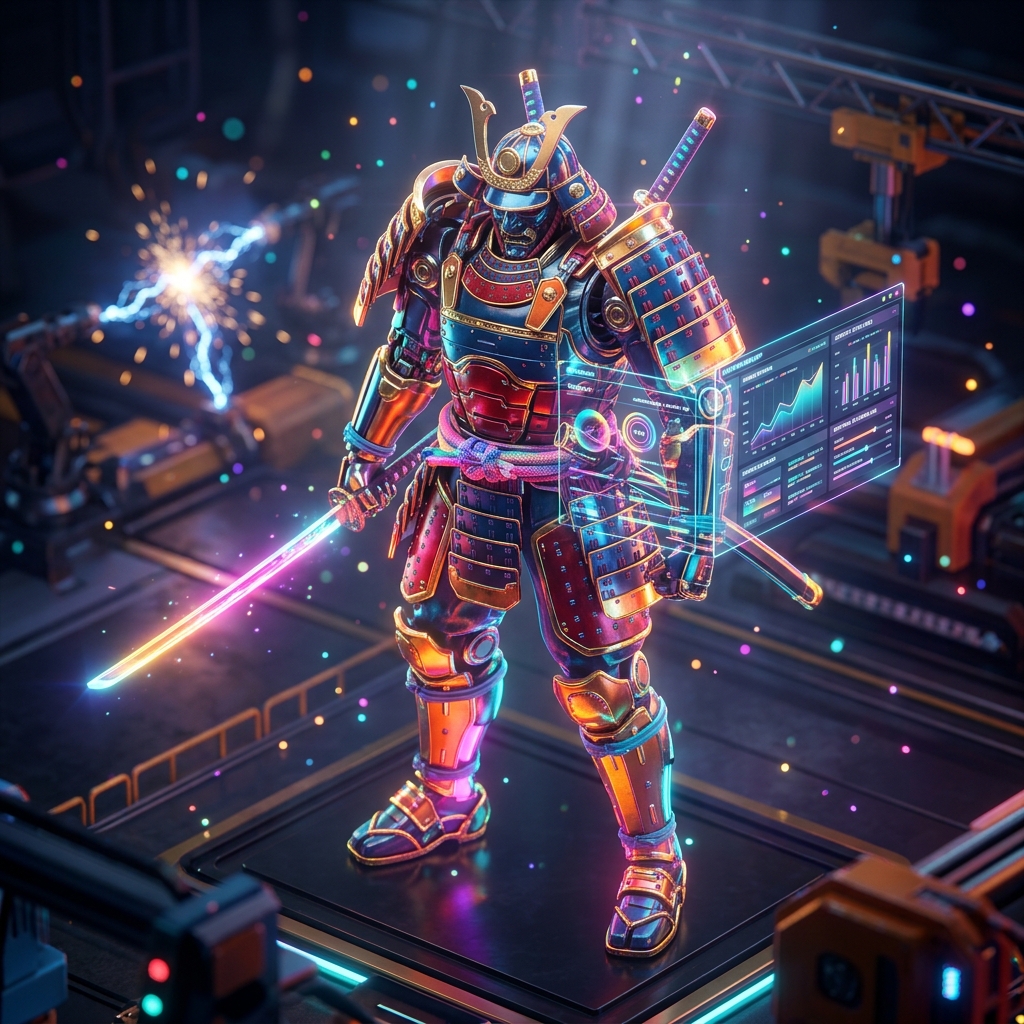 KontraGraph — Content Strategy & Financial Terminal — Blogging category hero — majestic samurai-styled mech in lacquered armor with neon under-glow, katana of light in hand in magnetic-levitation factory floor with sparking arcs of electricity and machinery