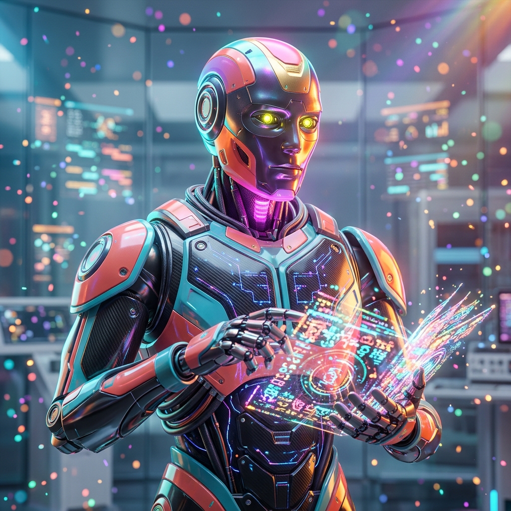 Kontrollwall — Studio Production Command — Collaboration category hero — sci-fi wizard robot with a floating spellbook of holographic glyphs and light particles in sleek high-tech laboratory with glass walls, floating data panels and particle light