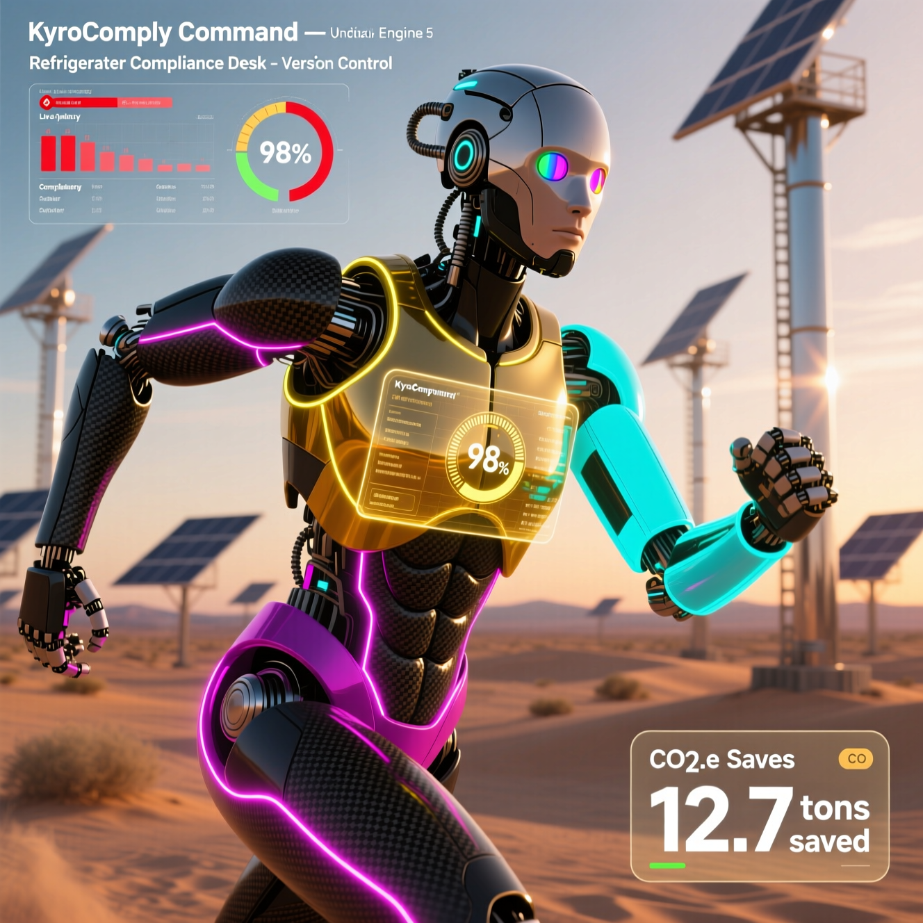 KryoComply Command — Refrigerant Compliance Desk — Version Control category hero — sleek sports-car-inspired bipedal android mid-motion, carbon-fiber musculature and glowing accent lines in desert solar farm at magic hour with reflective sand and towering chrome pylons