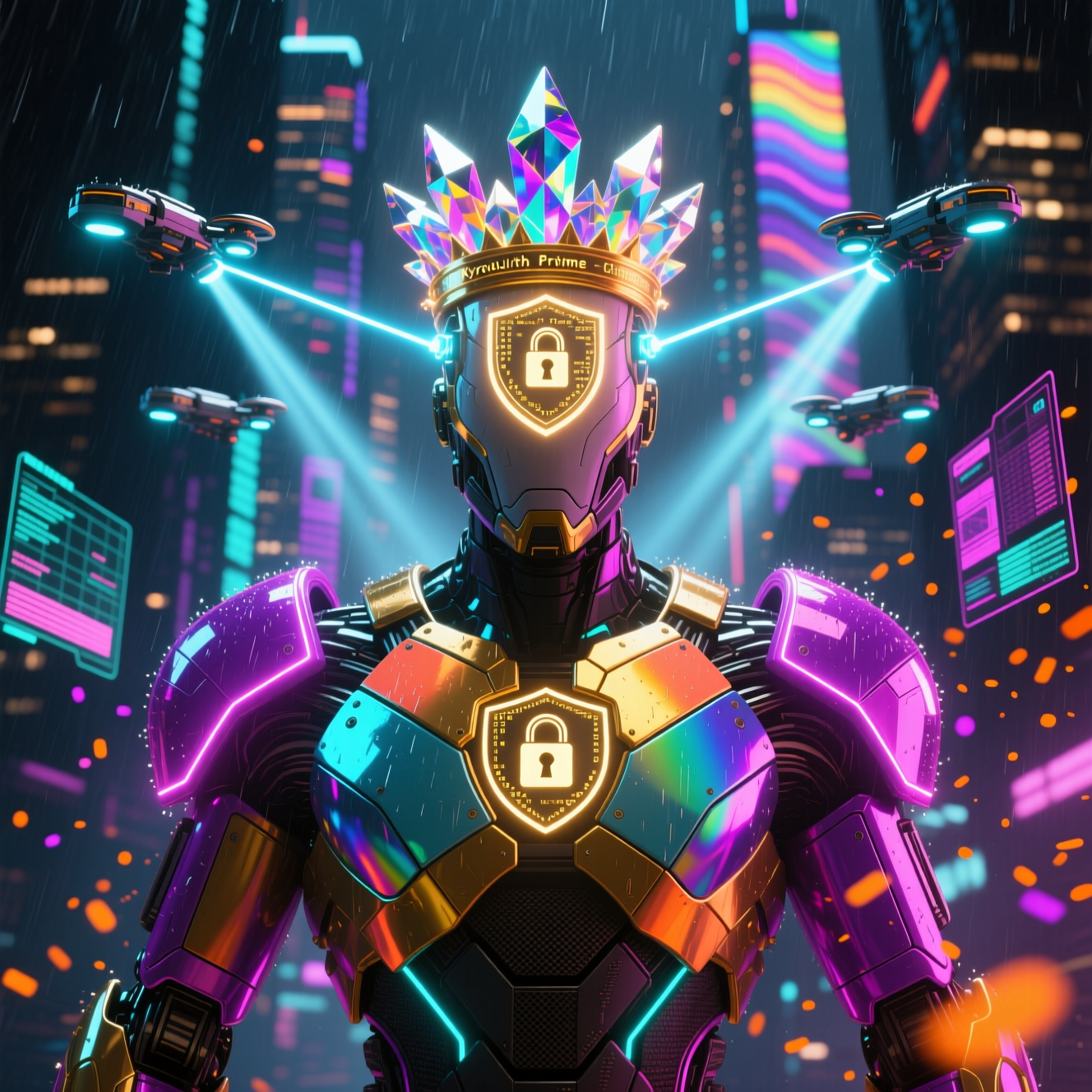 Kyrolith Dispatch — Coding Field Operations Grid — Coding category hero — glowing digital shield / padlock / crown / crystal object at the frame center, protected by hovering tech drones in neon-lit cyberpunk street at night, wet pavement reflections, hovering holograms in the background