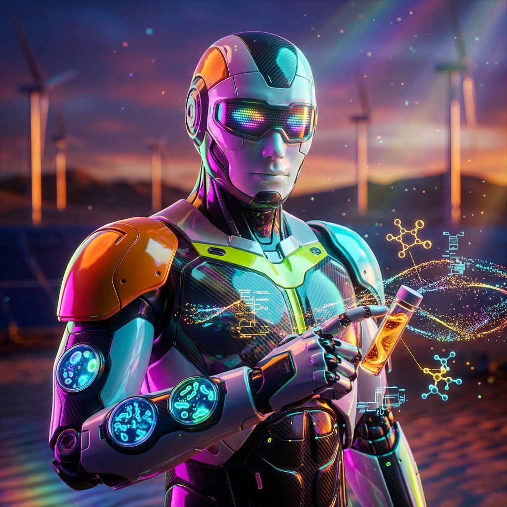 LabCulture LIMS | Microbiology Laboratory Suite — Science category hero — hyper-detailed humanoid robot with glossy plating and glowing visor eyes, striking a confident hero pose in the center of the frame in desert solar farm at magic hour with reflective sand and towering chrome pylons