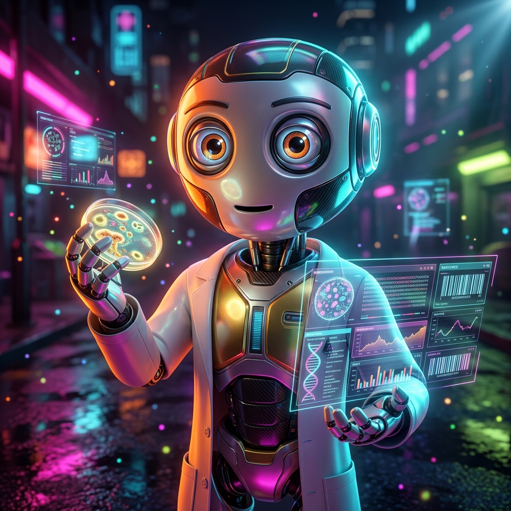 LabCulture LIMS — Microbiology Laboratory Suite — Analytics category hero — friendly Pixar-quality mascot robot with big expressive optical eyes, holding an object that represents the category in neon-lit cyberpunk street at night, wet pavement reflections, hovering holograms in the background