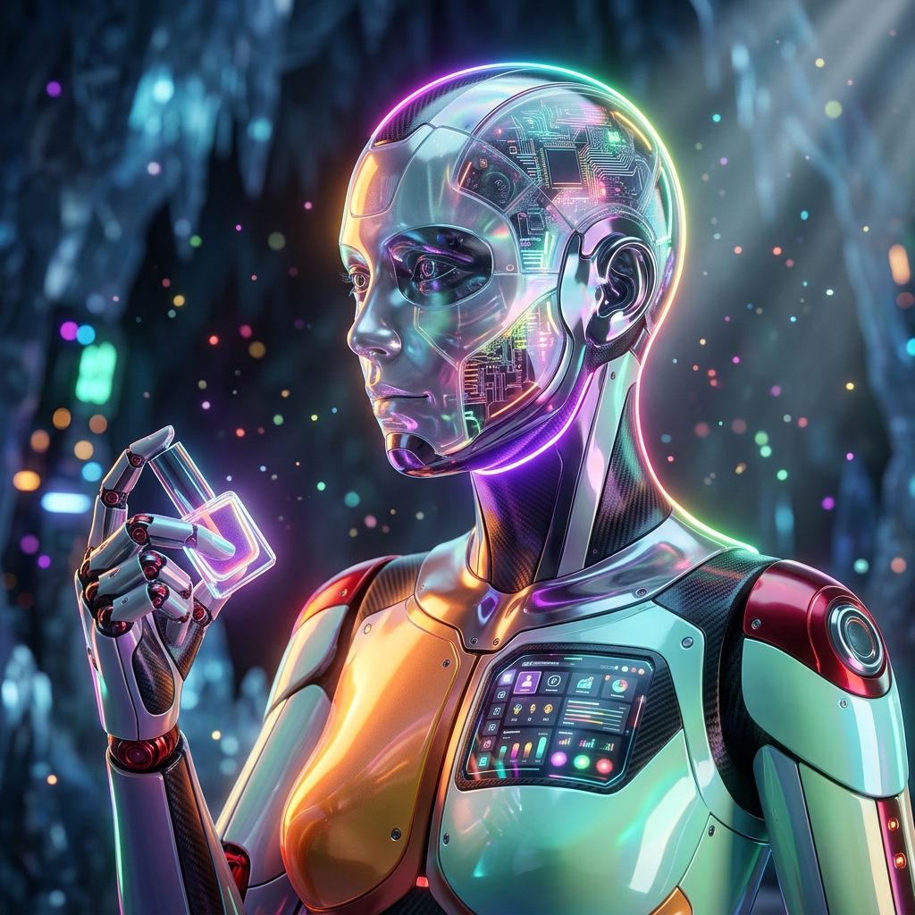 Lacq Studio OS — Nail Salon Production Suite — Business Management category hero — cinematic cyborg character seen in three-quarter profile, exposed circuitry glowing beneath translucent skin, intense neon rim light in crystalline ice cavern lit by bioluminescent tech installations