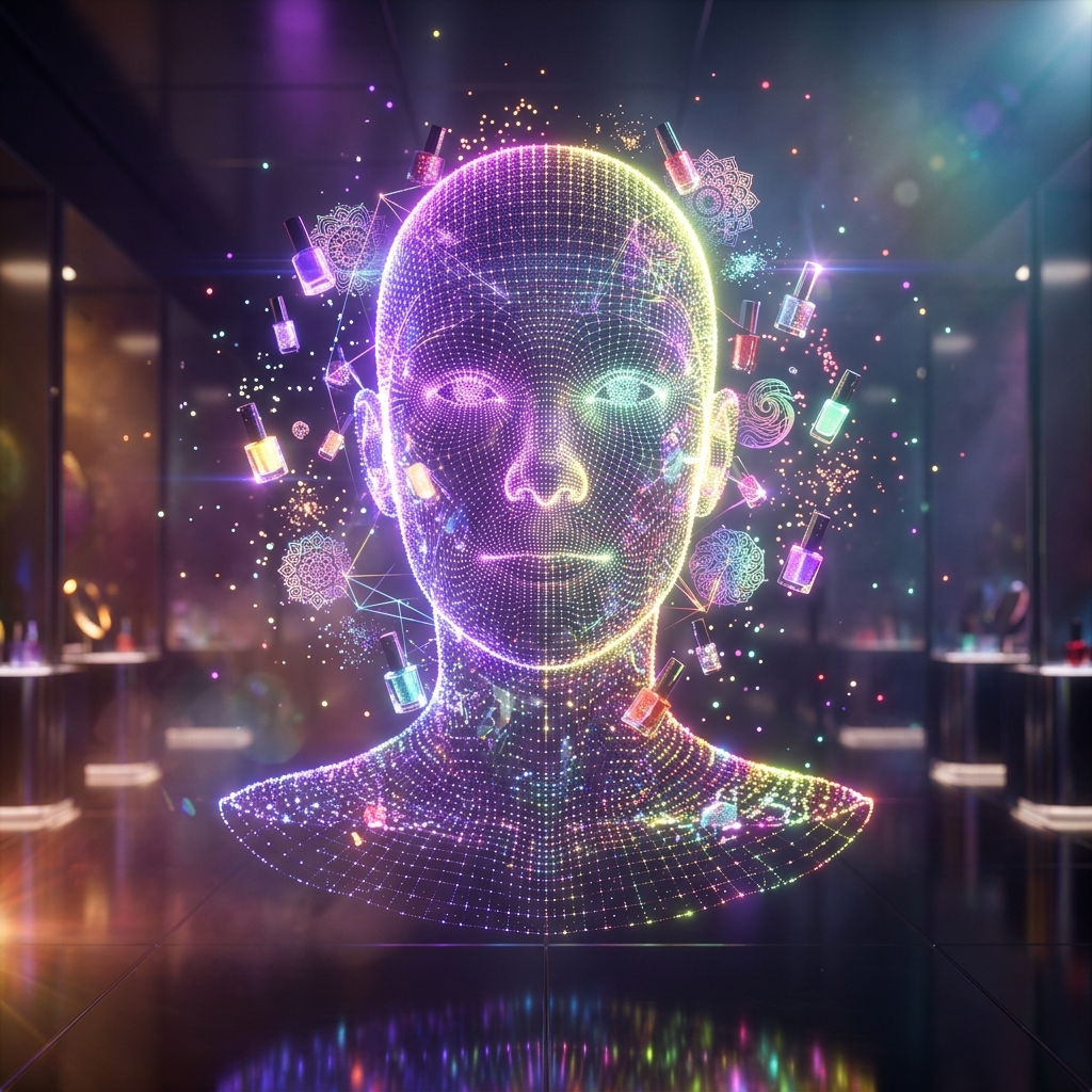 LacquerLab Mission Control | Nail Art Planner — Art category hero — wireframe holographic human head made of glowing data points, floating in the frame center in chrome-and-glass showroom with mirrored floor and rim-lit product staging