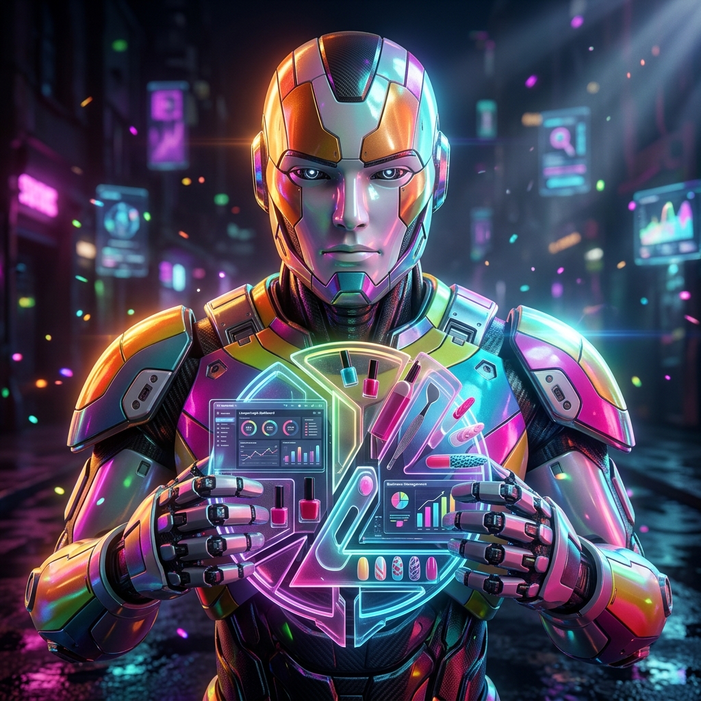 LacquerLogic Studio OS — Professional Nail Studio Suite — Business Management category hero — heavily armored guardian robot holding a symbolic emblem of the category with both hands in neon-lit cyberpunk street at night, wet pavement reflections, hovering holograms in the background