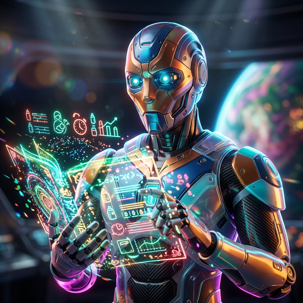 LactaFlow Command — Postpartum Care Board — Art category hero — sci-fi wizard robot with a floating spellbook of holographic glyphs and light particles in orbital space station observation deck with a planet glowing outside the panoramic window