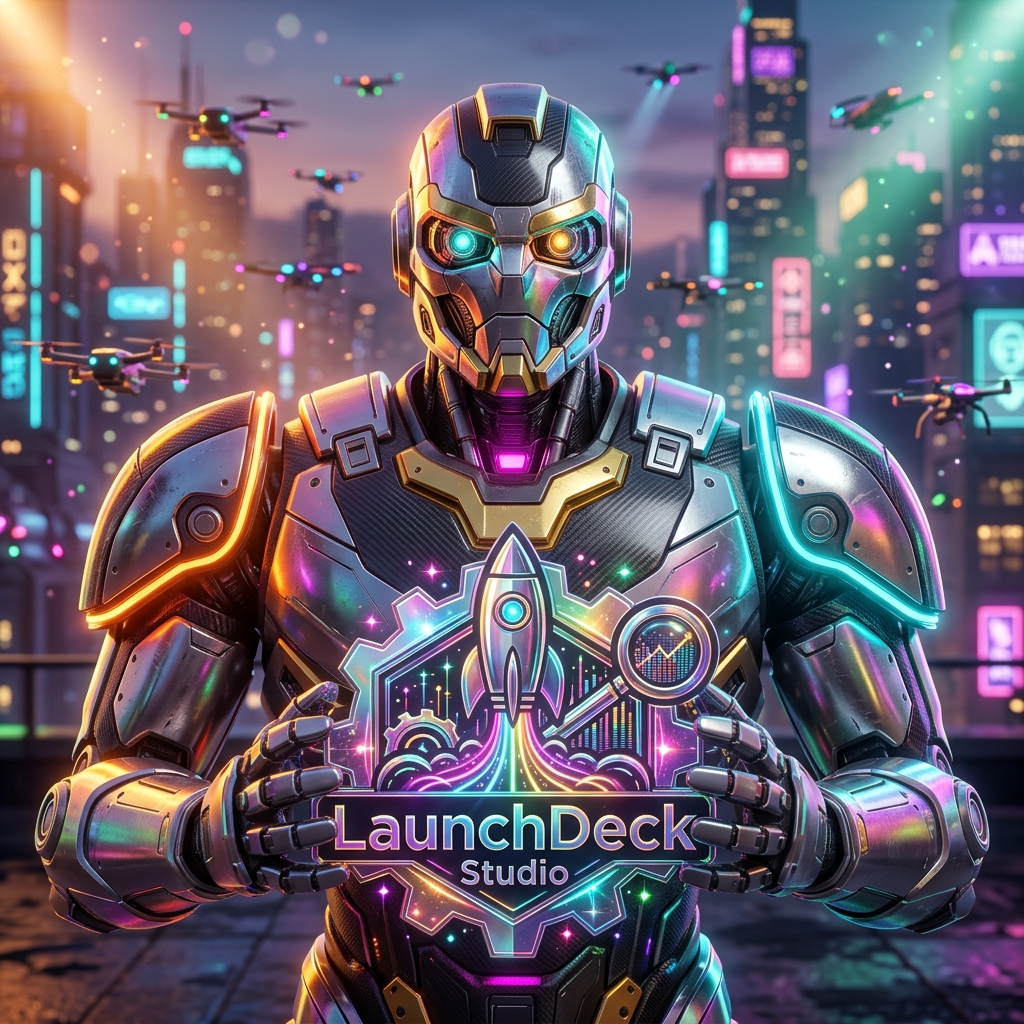 LaunchDeck Studio — Production Suite for Inspection Teams — Productivity & Productivity Suites category hero — heavily armored guardian robot holding a symbolic emblem of the category with both hands in rooftop overlooking a neon megacity skyline at dusk, drones flying in the distance