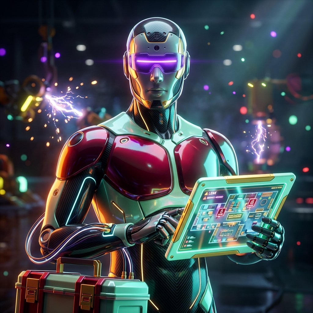Leak & Quote Pro | Field Operations — Business Management category hero — sleek sports-car-inspired bipedal android mid-motion, carbon-fiber musculature and glowing accent lines in magnetic-levitation factory floor with sparking arcs of electricity and machinery